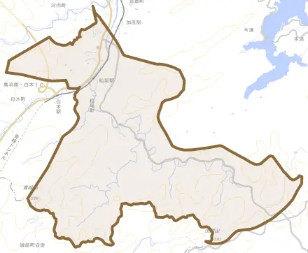 松尾町とその周辺の地図。町の範囲を重ねている