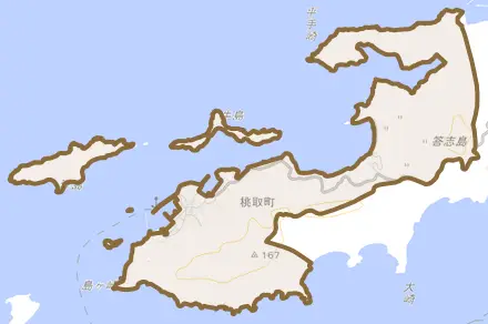 桃取町とその周辺の地図。町の範囲を重ねている