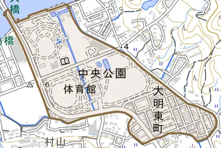 大明東町とその周辺の地図。町の範囲を重ねている