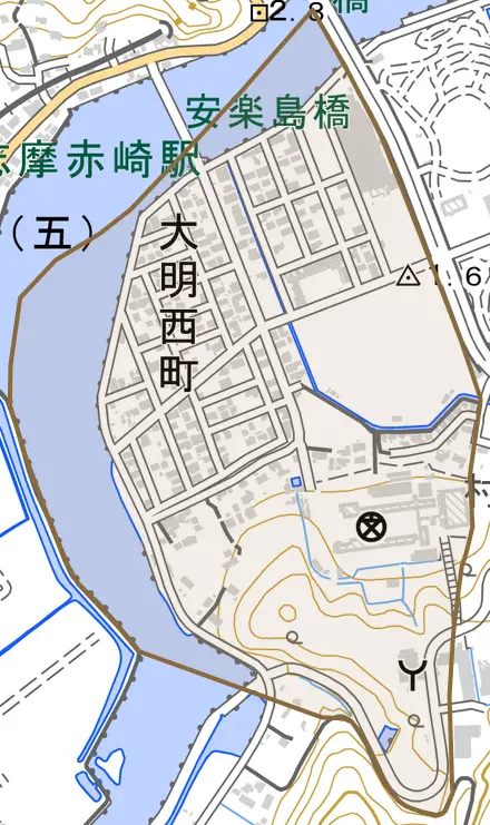 大明西町とその周辺の地図。町の範囲を重ねている