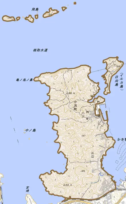 小浜町とその周辺の地図。町の範囲を重ねている