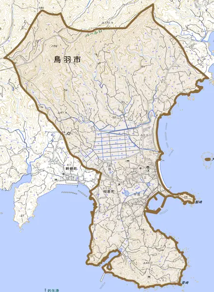 相差町とその周辺の地図。町の範囲を重ねている