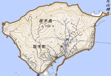 坂手町とその周辺の地図。町の範囲を重ねている