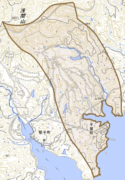 千賀町とその周辺の地図。町の範囲を重ねている