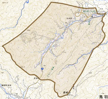 白木町とその周辺の地図。町の範囲を重ねている