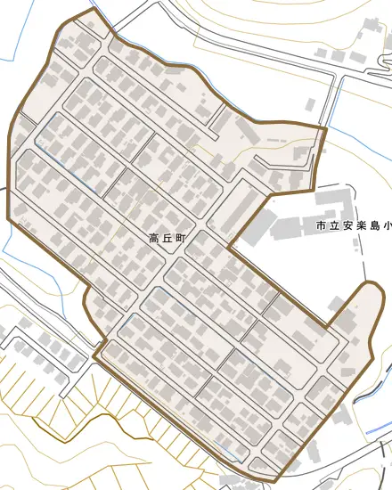 高丘町とその周辺の地図。町の範囲を重ねている