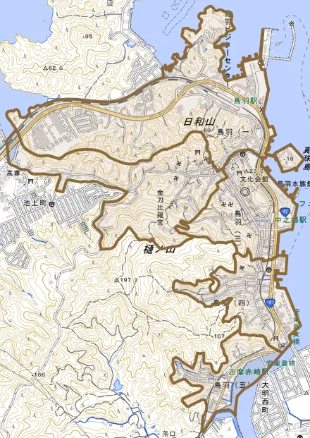 鳥羽とその周辺の地図。町の範囲を重ねている