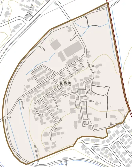 若杉町とその周辺の地図。町の範囲を重ねている