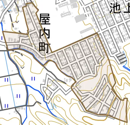 屋内町とその周辺の地図。町の範囲を重ねている