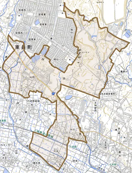 大字穴太とその周辺の地図。町の範囲を重ねている