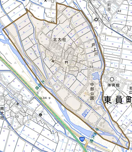 大字北大社とその周辺の地図。町の範囲を重ねている
