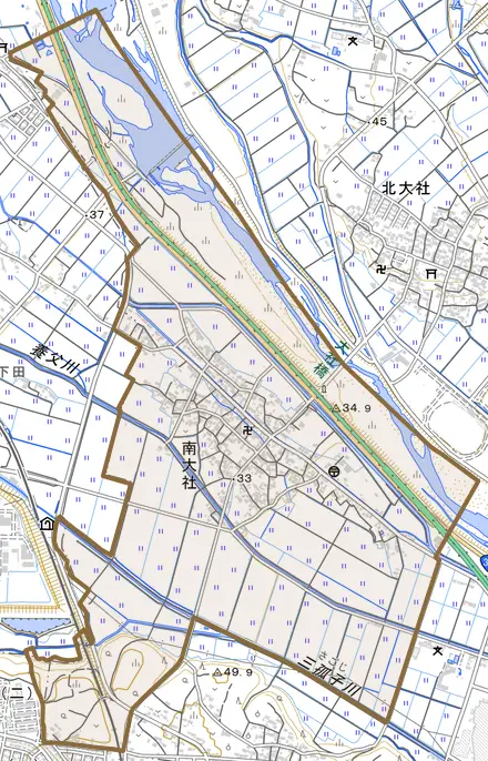 大字南大社とその周辺の地図。町の範囲を重ねている