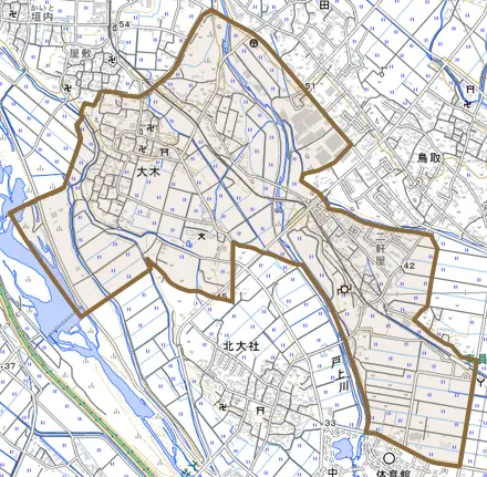 大字大木とその周辺の地図。町の範囲を重ねている