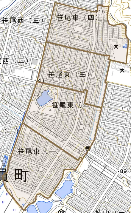 笹尾東とその周辺の地図。町の範囲を重ねている