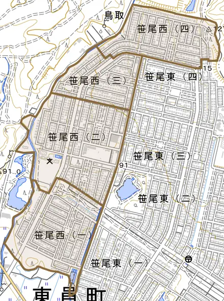 笹尾西とその周辺の地図。町の範囲を重ねている