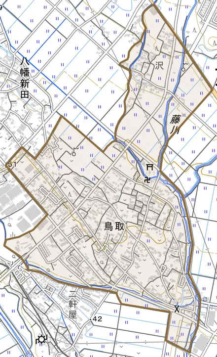 大字鳥取とその周辺の地図。町の範囲を重ねている