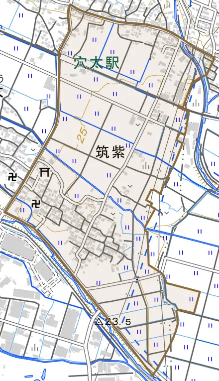 大字筑紫とその周辺の地図。町の範囲を重ねている