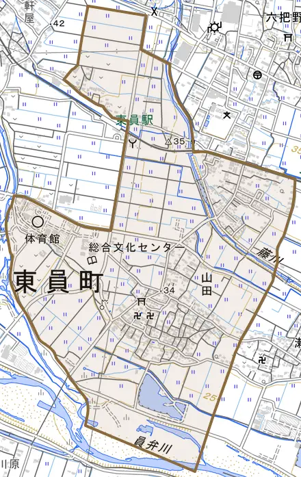 大字山田とその周辺の地図。町の範囲を重ねている