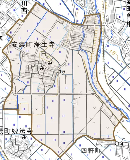 安濃町浄土寺とその周辺の地図。町の範囲を重ねている