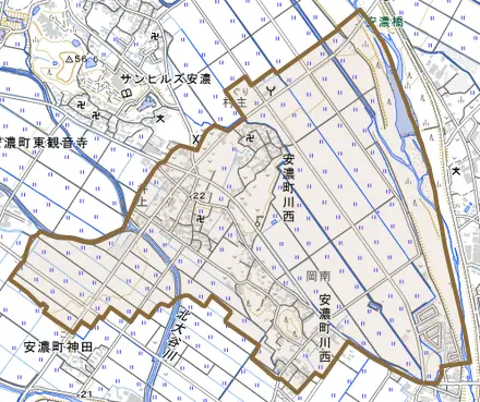 安濃町川西とその周辺の地図。町の範囲を重ねている