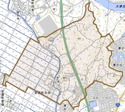 安濃町太田とその周辺の地図。町の範囲を重ねている