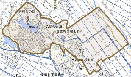 安濃町田端上野とその周辺の地図。町の範囲を重ねている