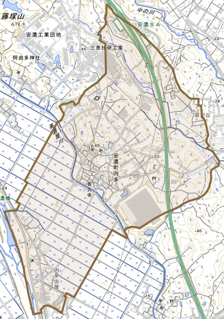 安濃町内多とその周辺の地図。町の範囲を重ねている