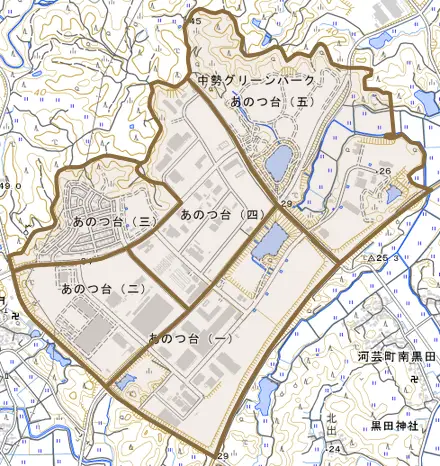 あのつ台とその周辺の地図。町の範囲を重ねている