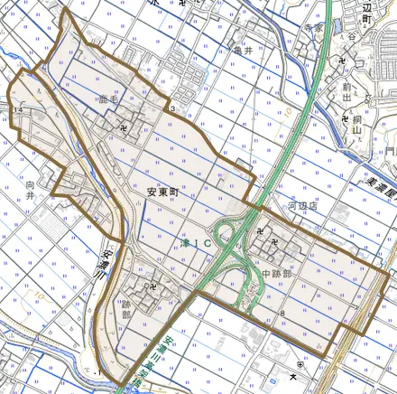 安東町とその周辺の地図。町の範囲を重ねている