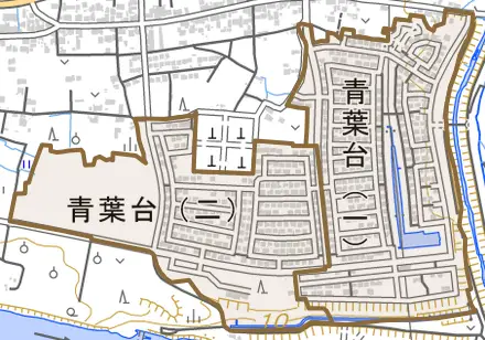 青葉台とその周辺の地図。町の範囲を重ねている