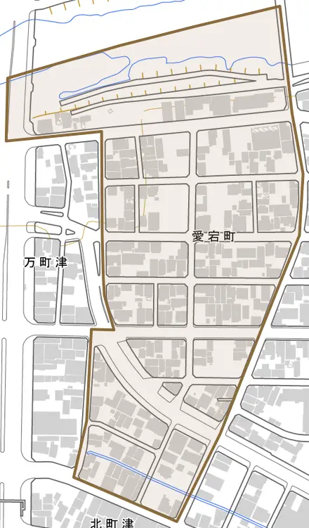 愛宕町とその周辺の地図。町の範囲を重ねている
