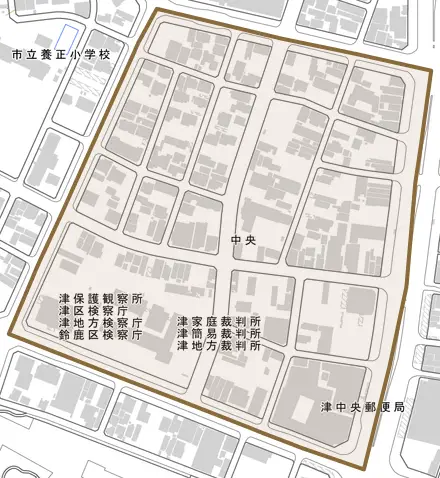 中央とその周辺の地図。町の範囲を重ねている