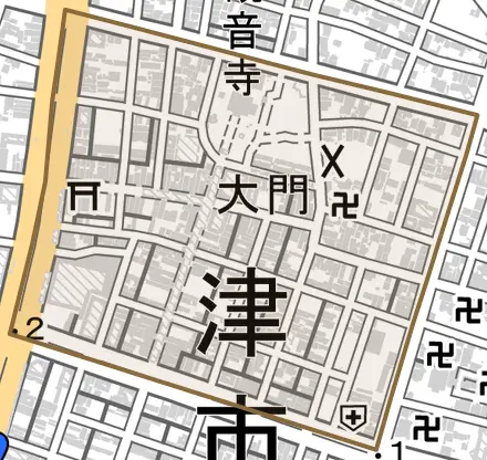 大門とその周辺の地図。町の範囲を重ねている