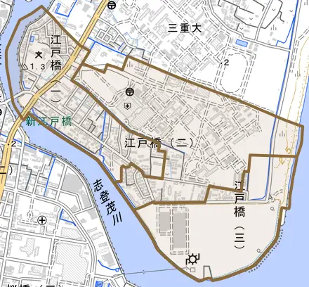 江戸橋とその周辺の地図。町の範囲を重ねている