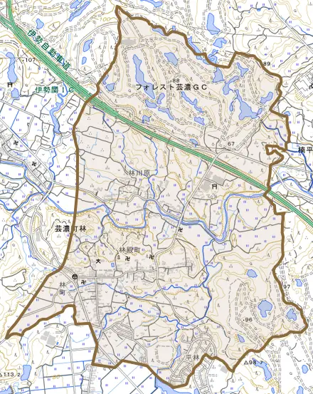 芸濃町林とその周辺の地図。町の範囲を重ねている