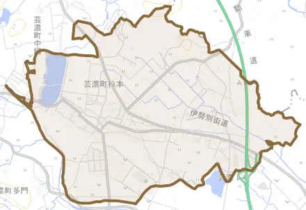 芸濃町椋本とその周辺の地図。町の範囲を重ねている