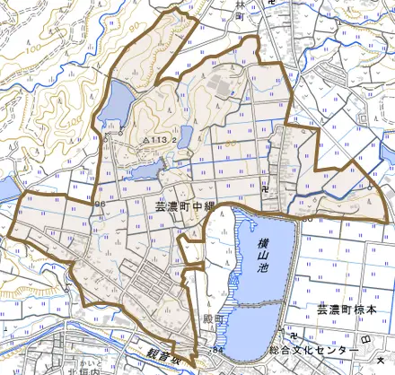 芸濃町中縄とその周辺の地図。町の範囲を重ねている