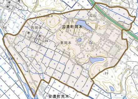 芸濃町岡本とその周辺の地図。町の範囲を重ねている