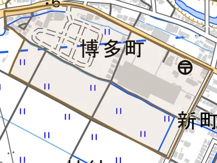 博多町とその周辺の地図。町の範囲を重ねている