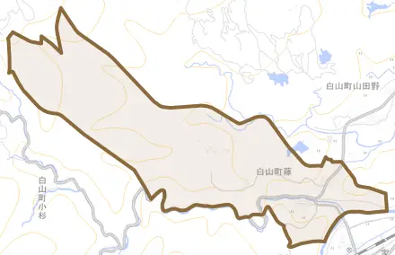 白山町藤とその周辺の地図。町の範囲を重ねている