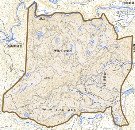 白山町二俣とその周辺の地図。町の範囲を重ねている