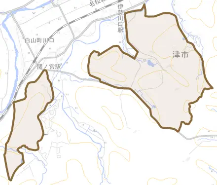 白山町川口とその周辺の地図。町の範囲を重ねている