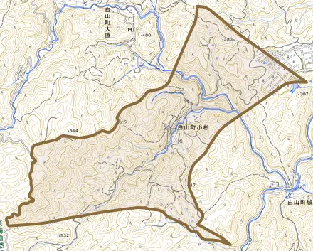 白山町小杉とその周辺の地図。町の範囲を重ねている
