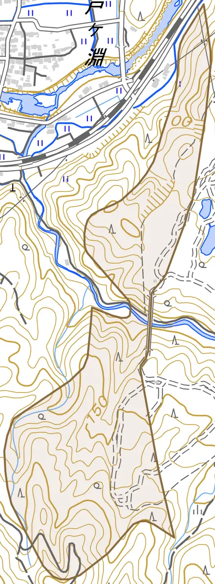 白山町南家城とその周辺の地図。町の範囲を重ねている