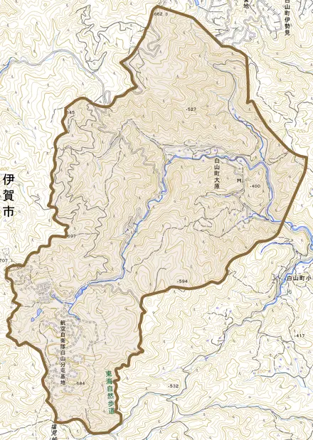 白山町大原とその周辺の地図。町の範囲を重ねている