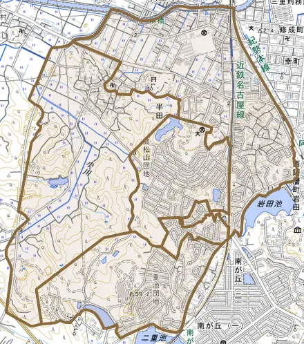 半田とその周辺の地図。町の範囲を重ねている