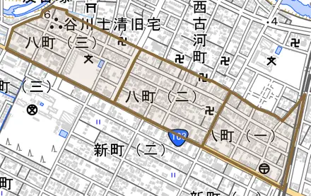 八町とその周辺の地図。町の範囲を重ねている