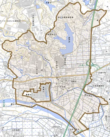戸木町とその周辺の地図。町の範囲を重ねている
