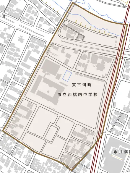 東古河町とその周辺の地図。町の範囲を重ねている