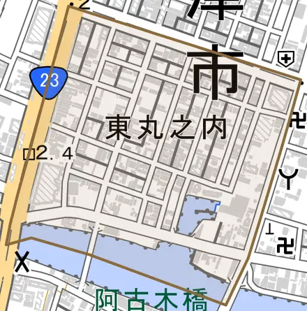 東丸之内とその周辺の地図。町の範囲を重ねている